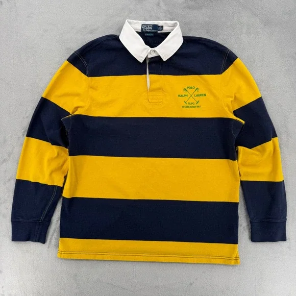 Vintage Polo Ralph Lauren Custom Fit Rugby Shirt Navy Yellow Striped Mens XL - Picture 2 of 15